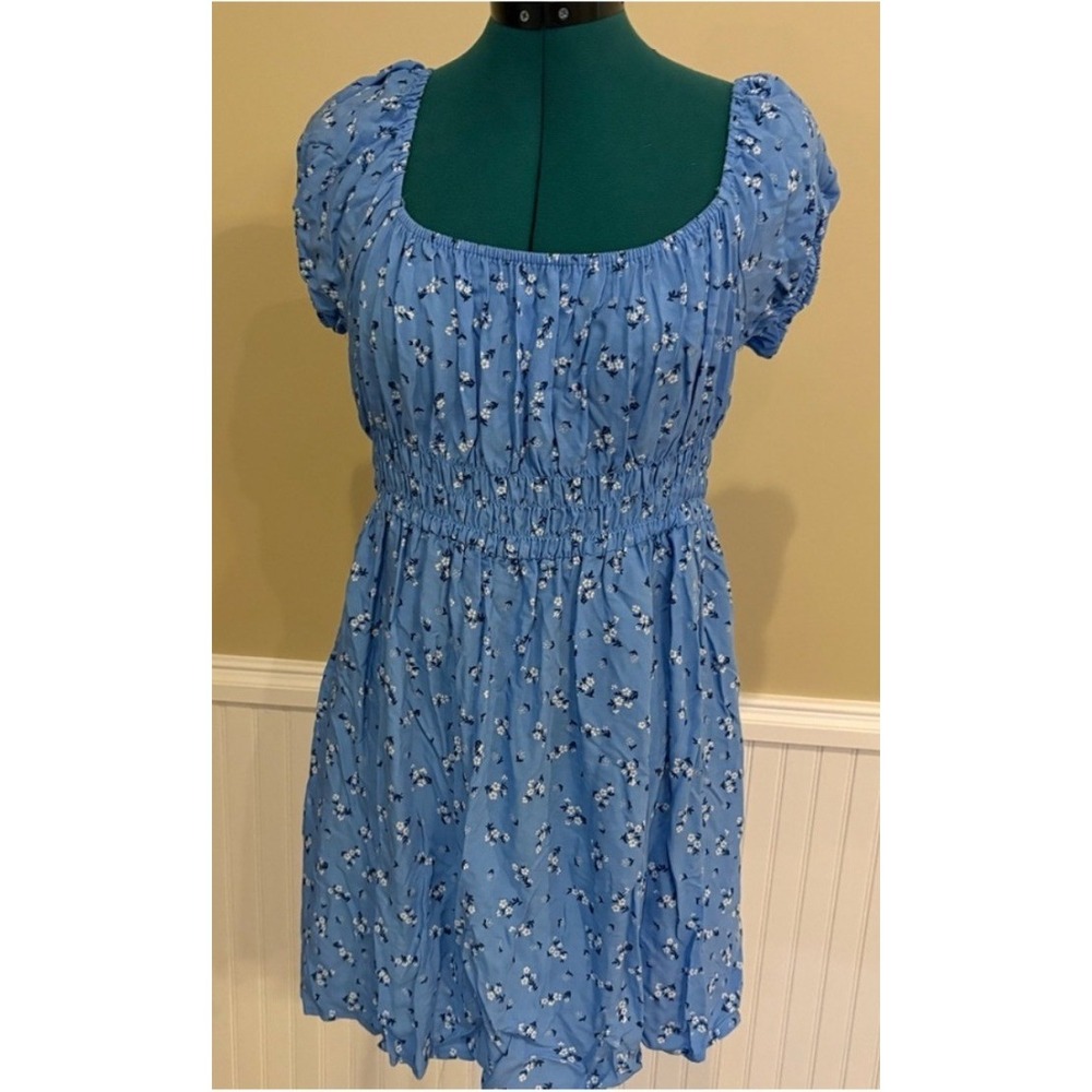 Cotton On Women Large Blue Floral Mini Dress NWT Smocked Puff Sleeve Cottagecore